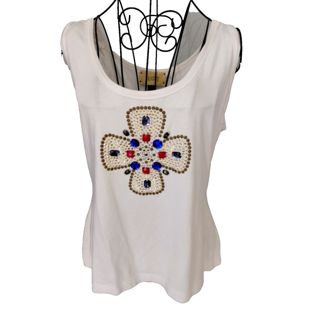 ST JOHN JEANS Classic White Tank Top Womens Sz XL Designer Beaded Studs